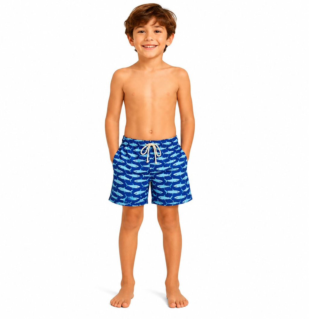 Boy's Blue Fish Print Swim Shorts