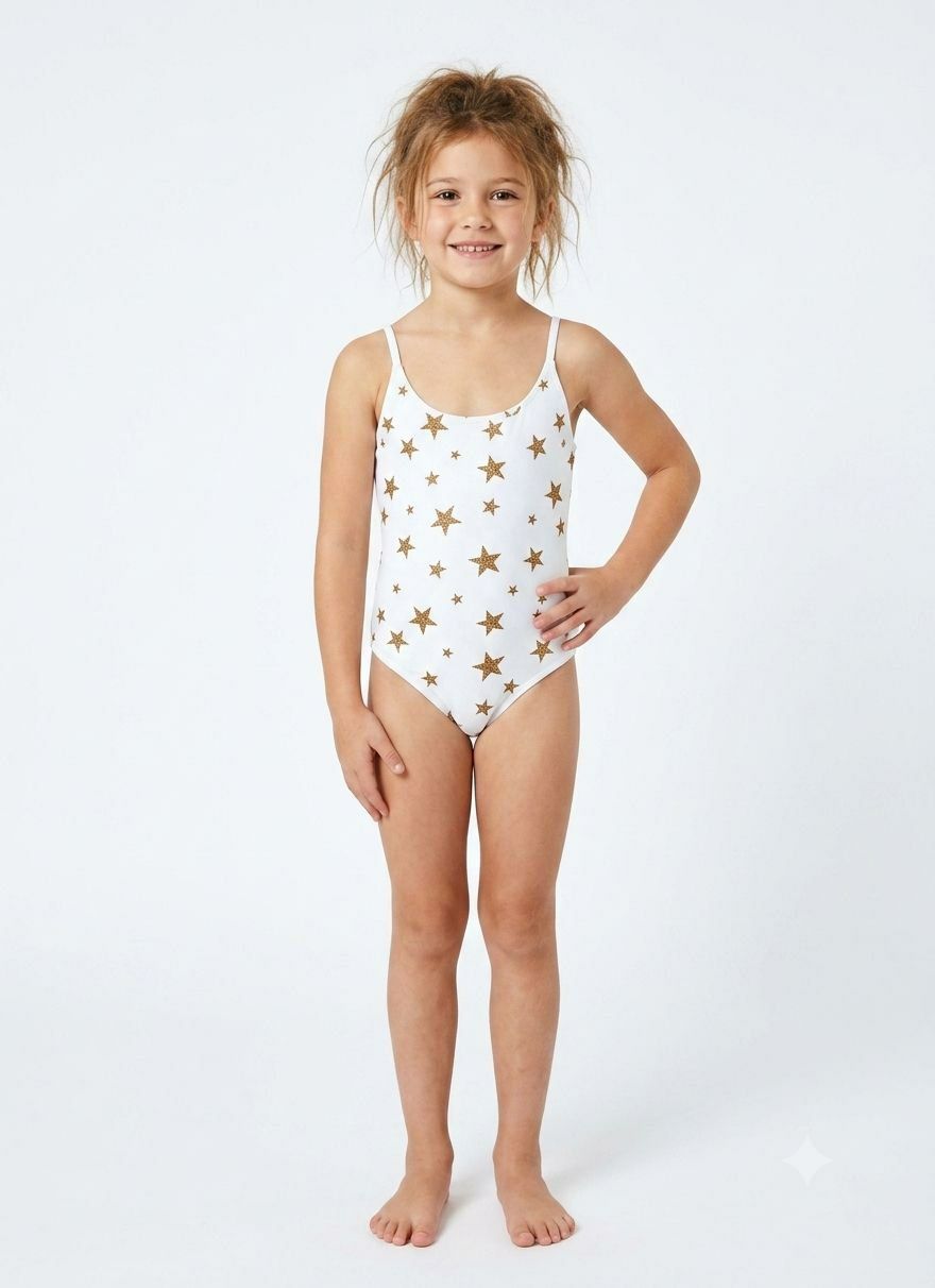 Girls' White Golden Star Print One-Piece Swimsuit
