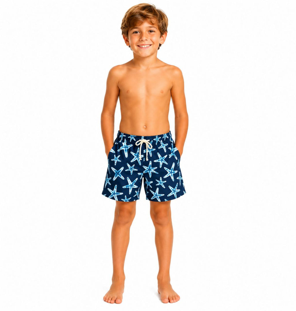 Boy's Navy Blue Starfish Print Swim Shorts