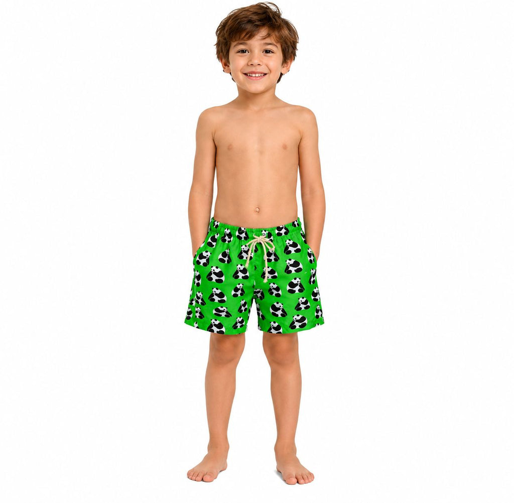 Boy's Green Panda Print Swim Shorts