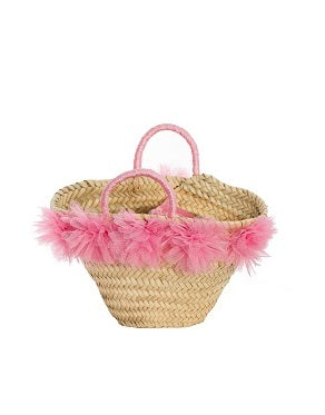 Girls' Straw Bag with Pink Tulle Flowers