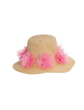 Girls' Straw Sun Hat with Pink Tulle Flowers