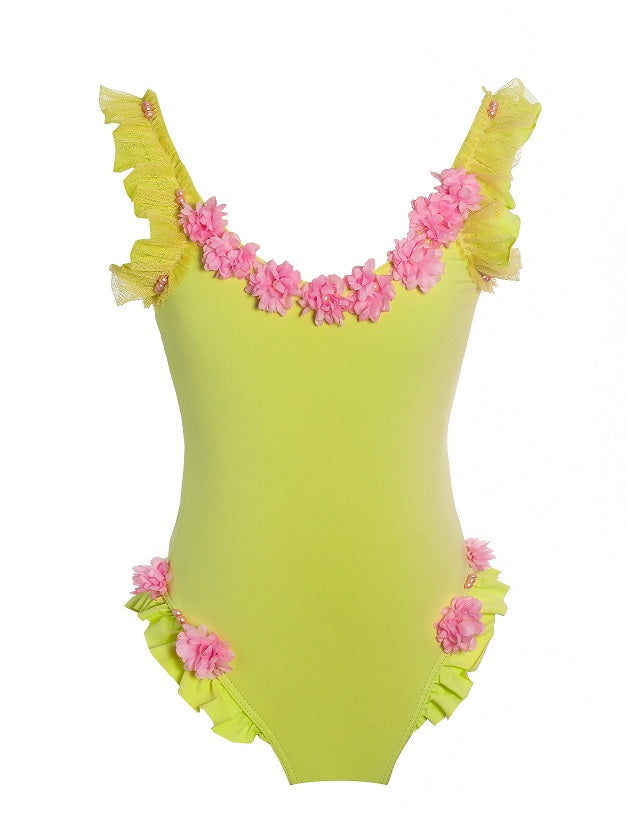Girls' Lemon Green Swimsuit with Pink Floral