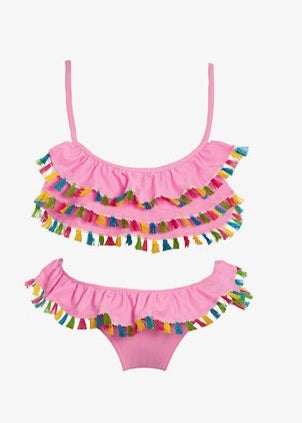 Girls' Pink Rainbow Tassel Ruffle Bikini Set