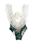 Tropical Print One-Piece Swimsuit with White Ruffle