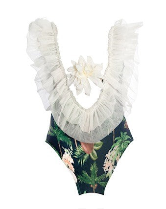 Tropical Print One-Piece Swimsuit with White Ruffle
