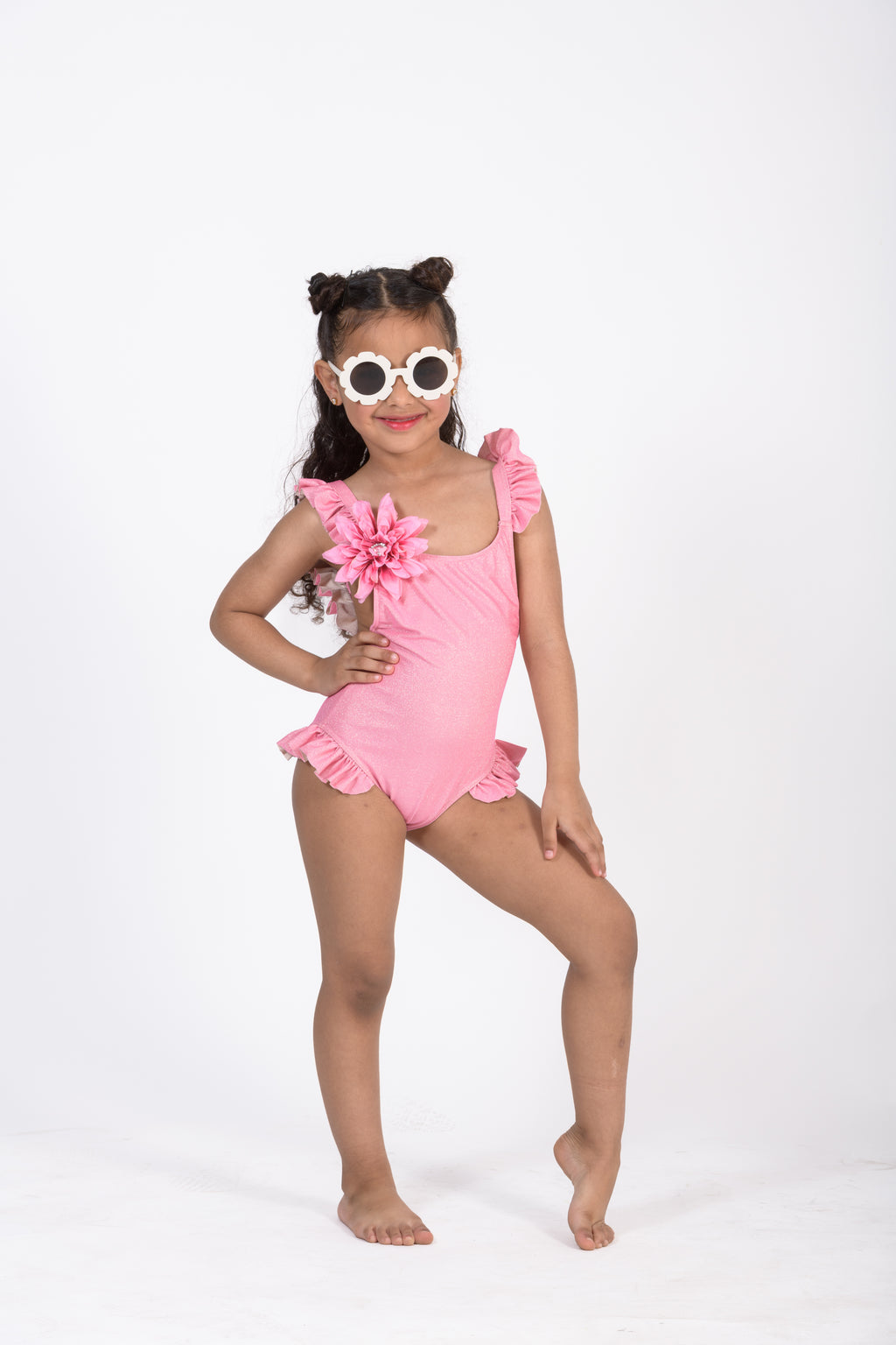 Pink One-Piece Swimsuit with Ruffle Straps & Flower Appliqué