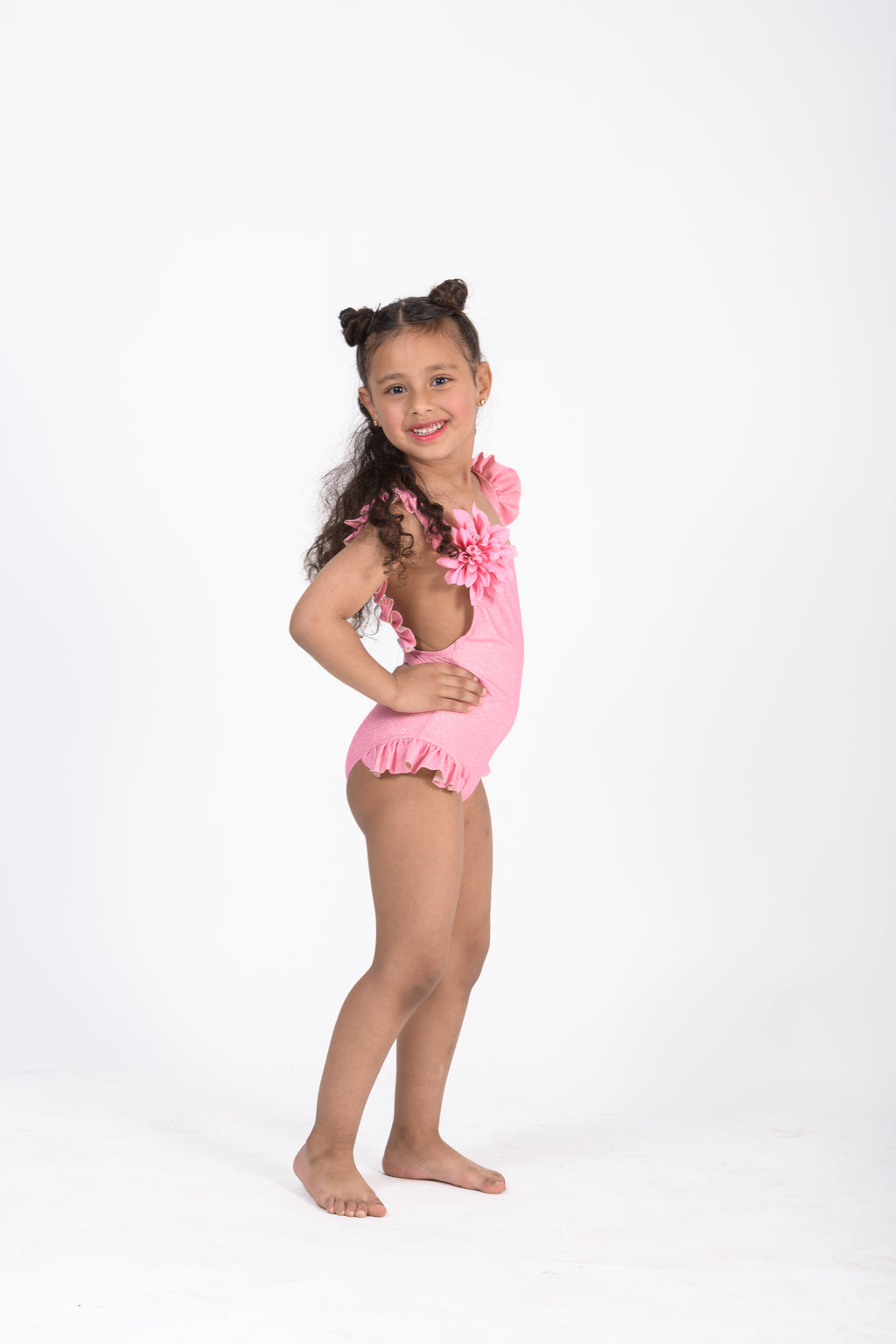 Pink One-Piece Swimsuit with Ruffle Straps & Flower Appliqué
