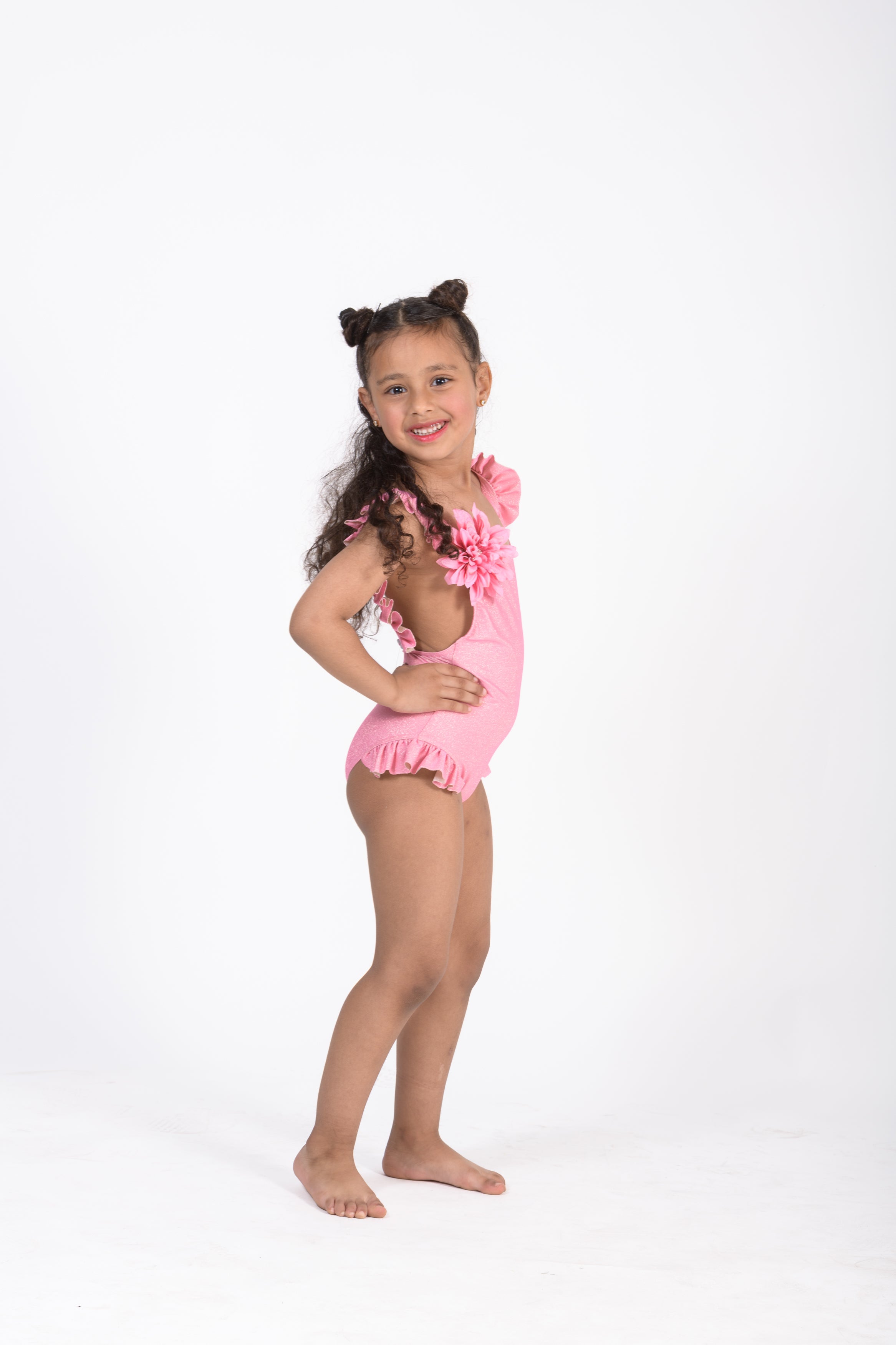 Pink One-Piece Swimsuit with Ruffle Straps & Flower Appliqué
