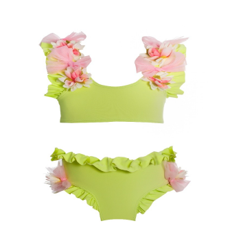 Lime Green 3D Floral Ruffle Bikini Set