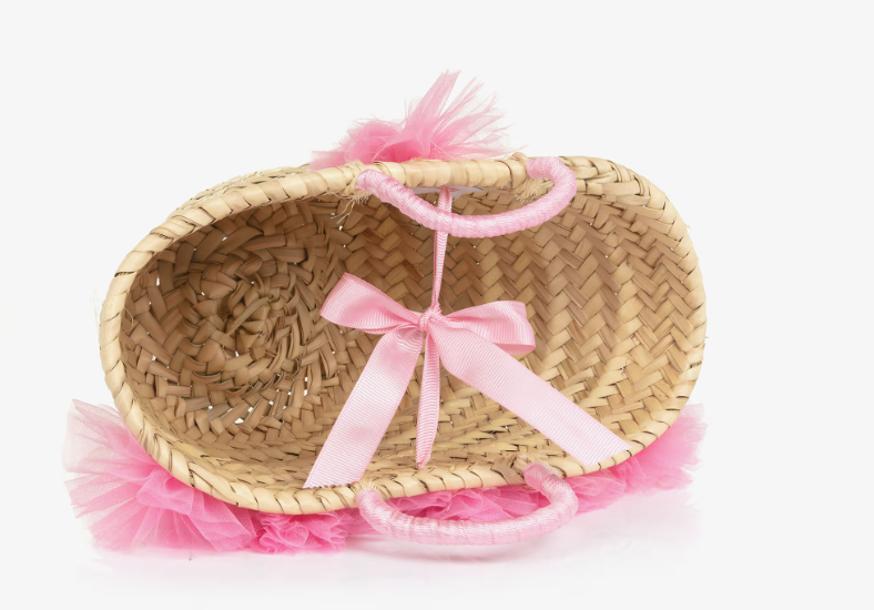 Girls' Straw Bag with Pink Tulle Flowers