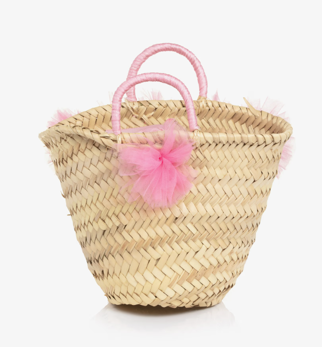 Girls' Straw Bag with Pink Tulle Flowers