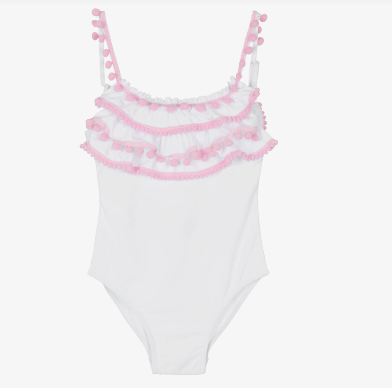 White Pom-Pom Ruffle One-Piece Swimsuit