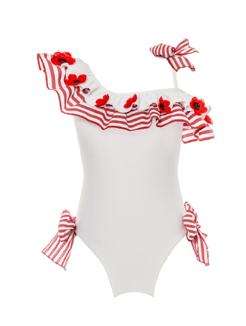 One-Shoulder White Swimsuit with Red FlowerS