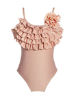 Girls' Blush Pink Ruffle Swimsuit with Flower Appliqué