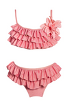 Girls' Coral Pink Tiered Ruffle Bikini Set with Flower Appliqué
