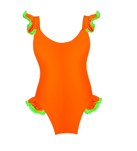 Girls' Orange One-Piece Swimsuit with Neon Green Ruffles