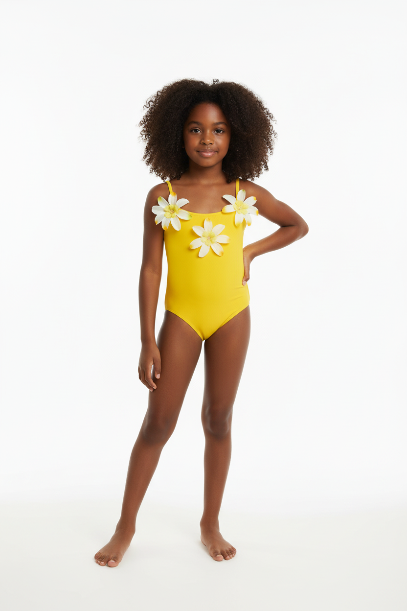 Girls' Yellow Swimsuit with White Daisy
