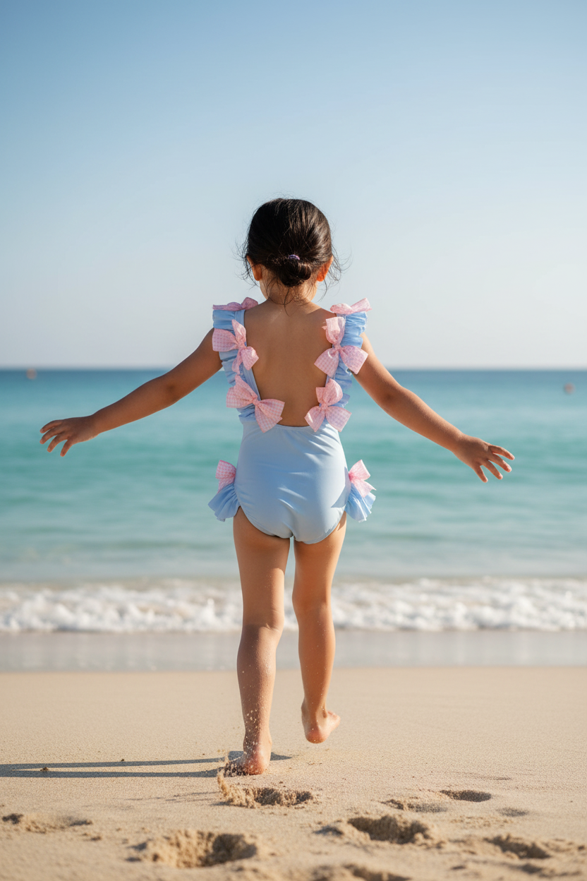 Girls' Blue Swimsuit with Pink Bows & Daisy
