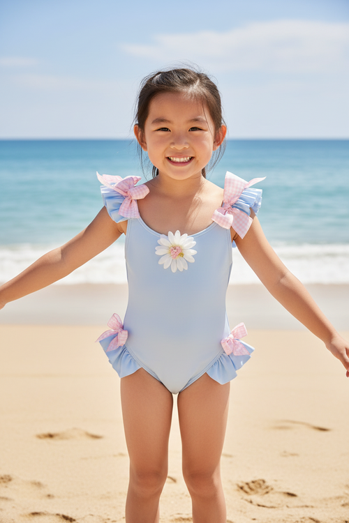 Girls' Blue Swimsuit with Pink Bows & Daisy