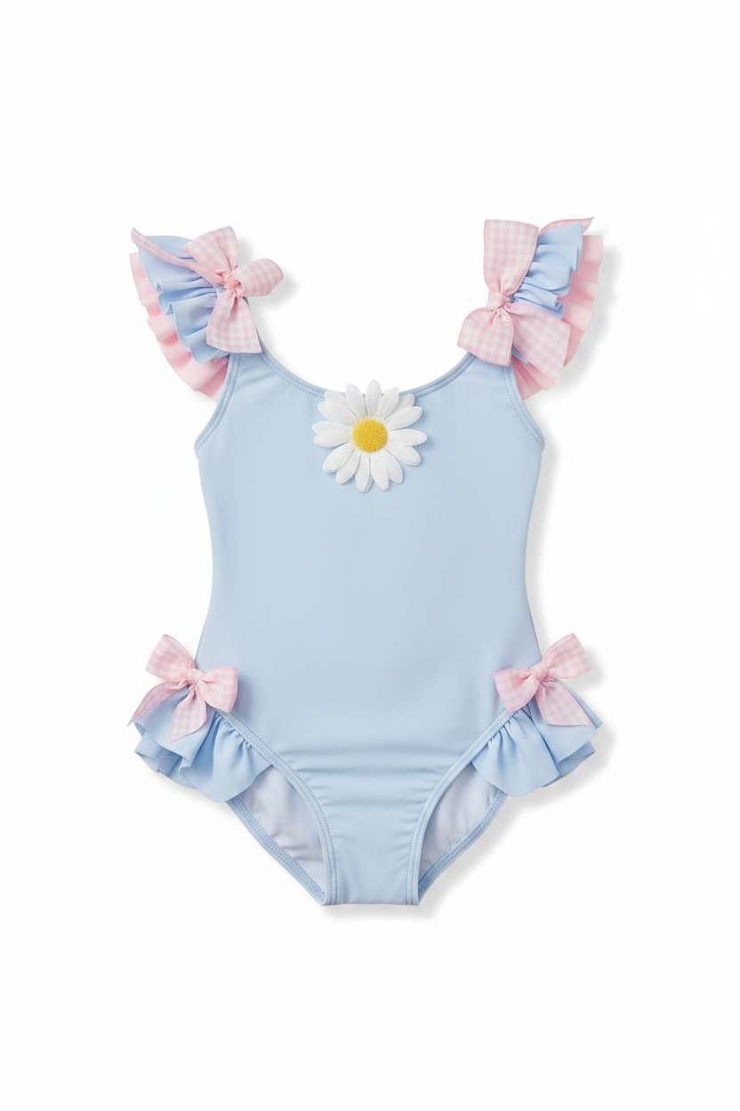 Girls' Blue Ruffle Swimsuit on White Background