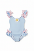Girls' Blue Ruffle Swimsuit on White Background