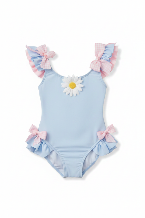 Girls' Blue Ruffle Swimsuit on White Background