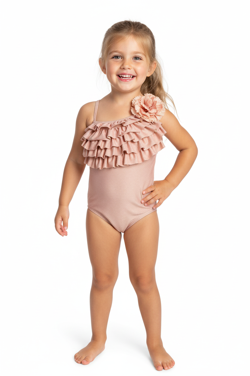 Girls' Blush Pink Ruffle Swimsuit with Flower Appliqué