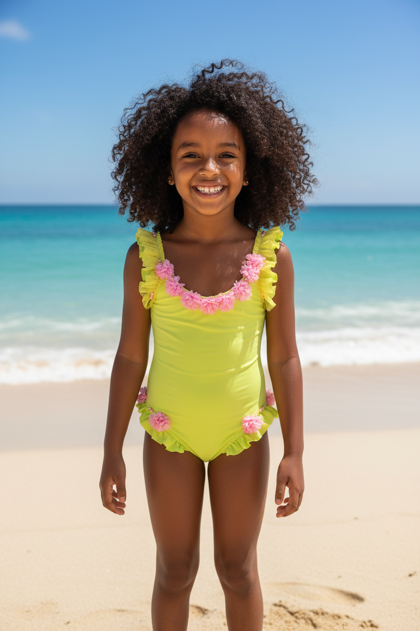 Girls' Lemon Green Swimsuit with Pink Floral