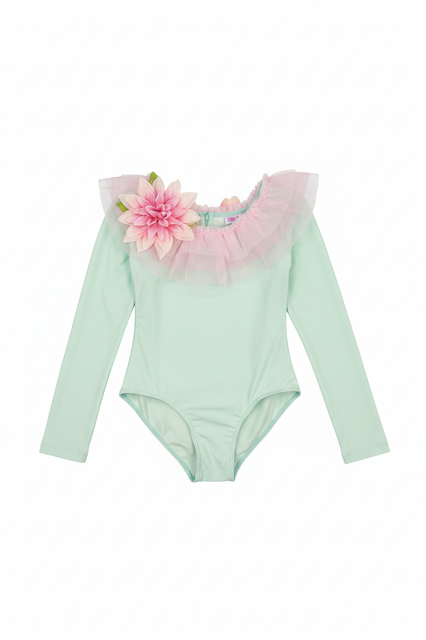 Mint Green Long Sleeve Swimsuit - White Background