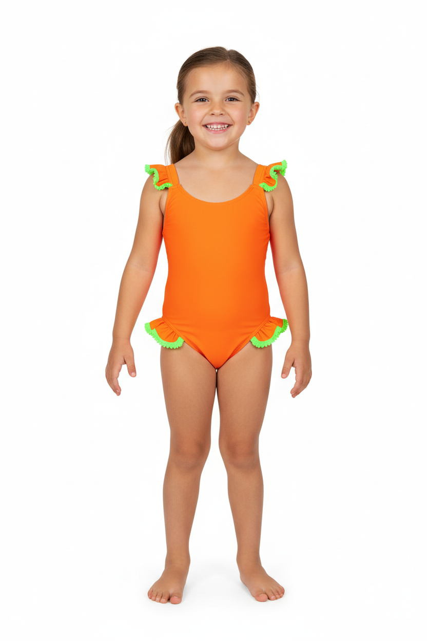 Girls' Orange One-Piece Swimsuit with Neon Green Ruffles