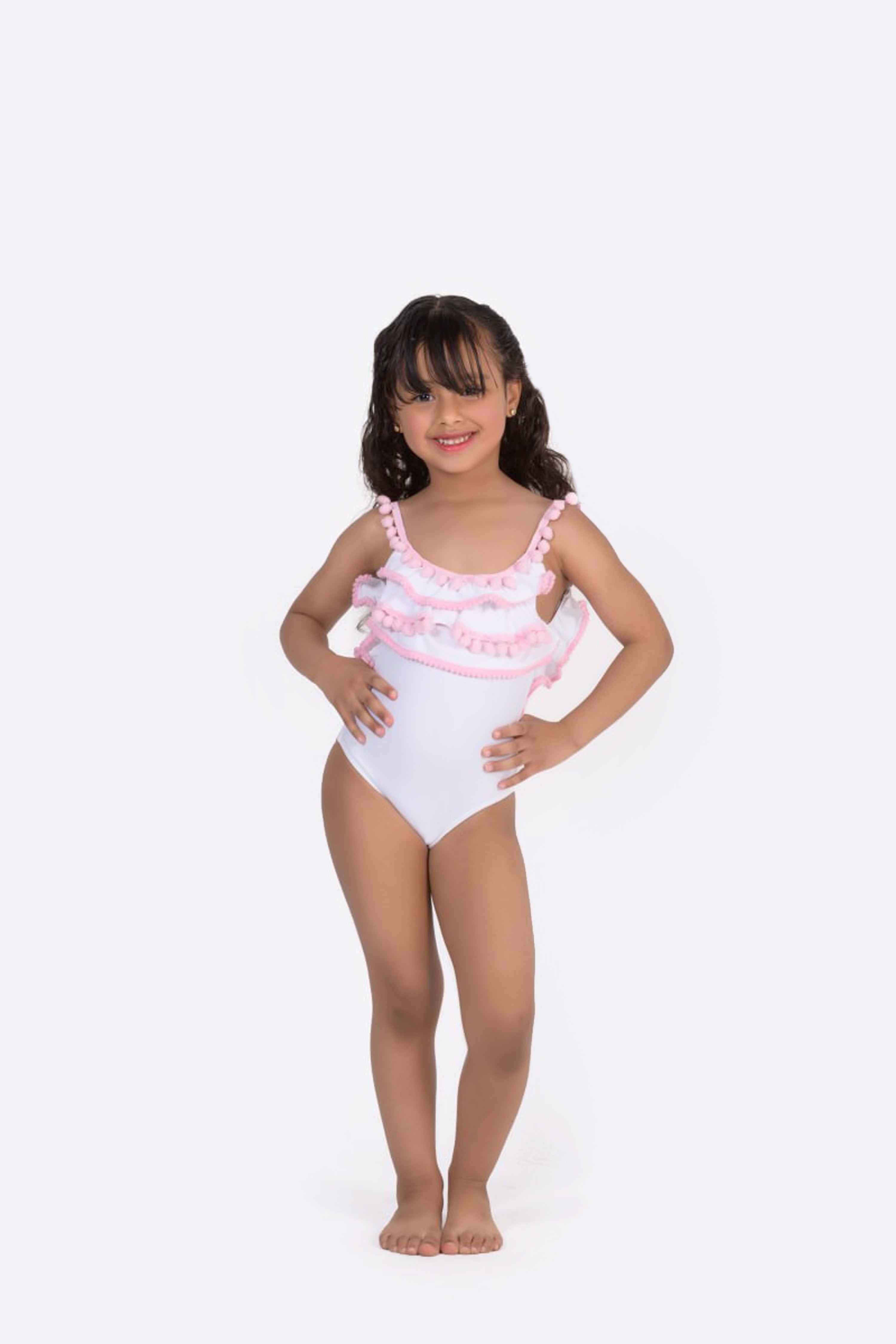 White Pom-Pom Ruffle One-Piece Swimsuit