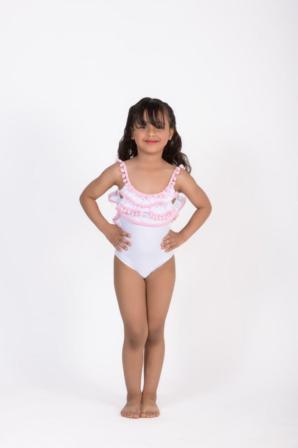 White Pom-Pom Ruffle One-Piece Swimsuit