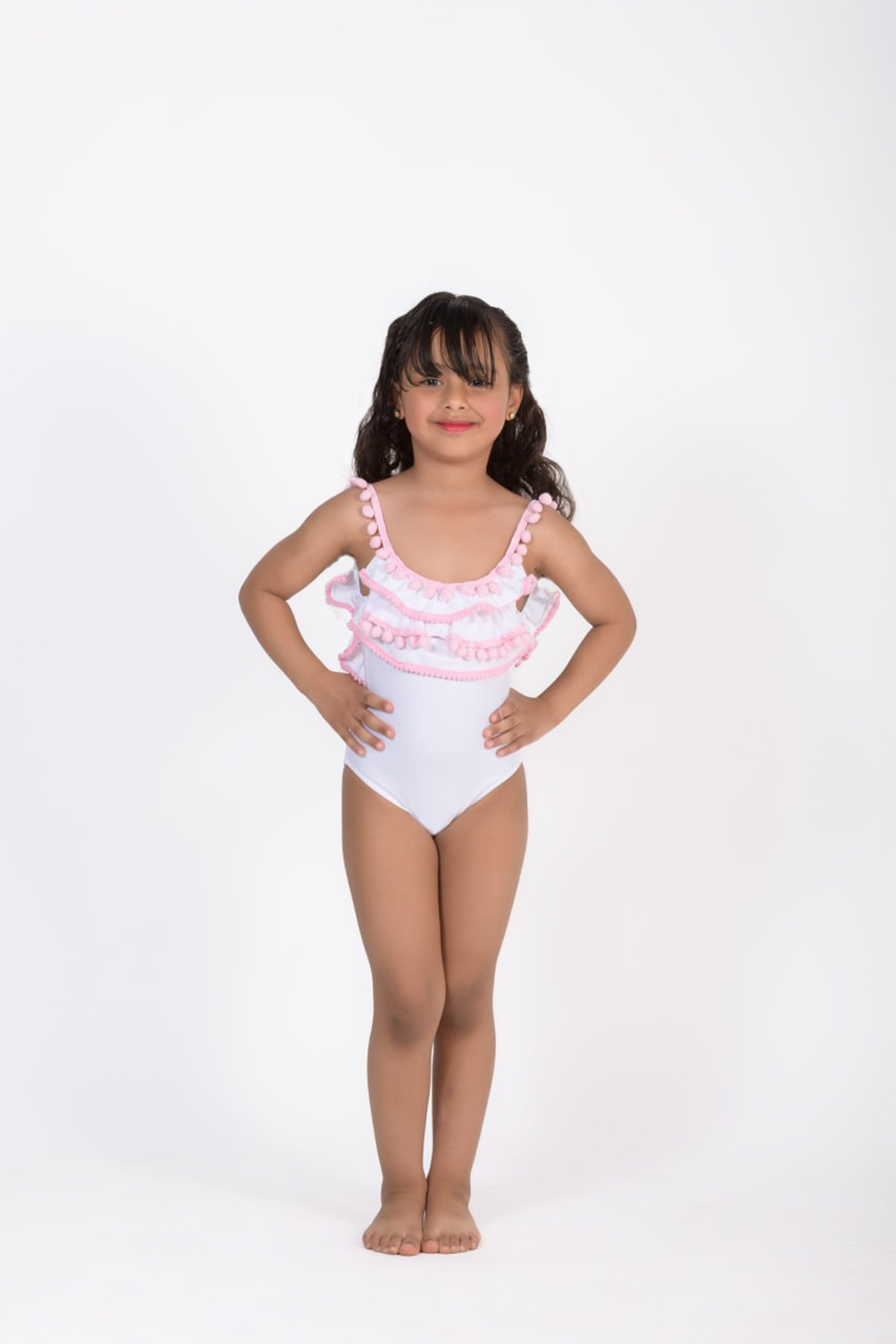 White Pom-Pom Ruffle One-Piece Swimsuit