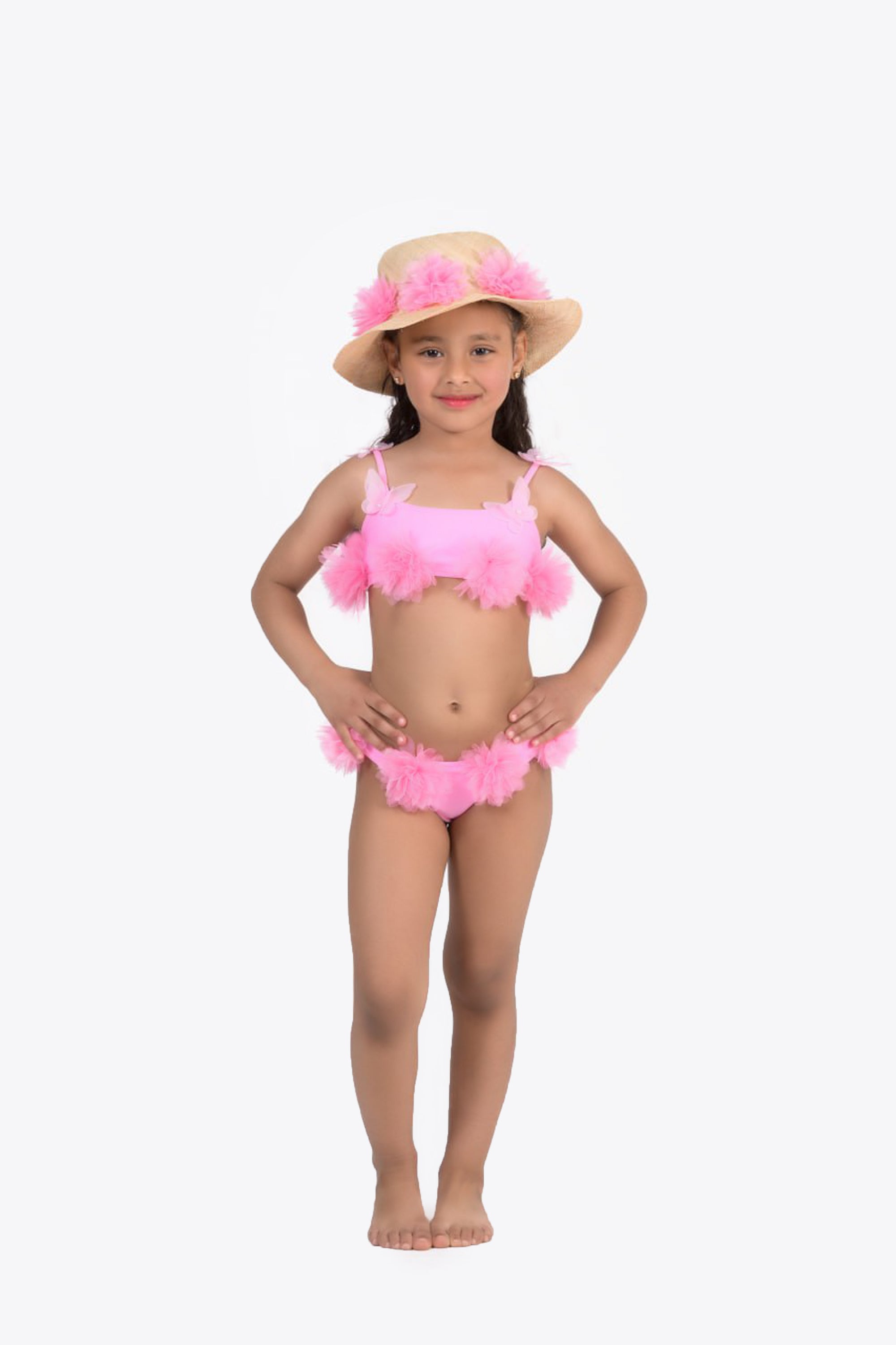 Girls' Straw Sun Hat with Pink Tulle Flowers
