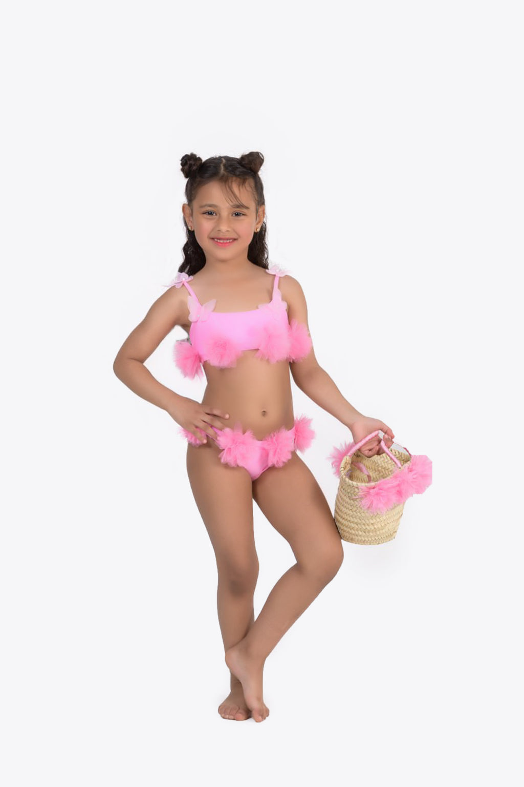 Girls' Straw Bag with Pink Tulle Flowers