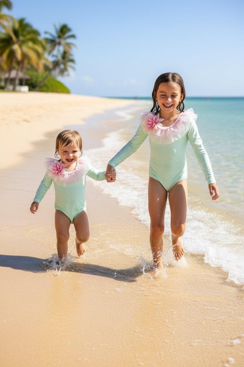 Girls' Mint Green Long Sleeve One-Piece Swimsuit with Pink Tulle Collar