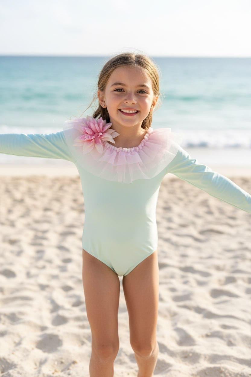 Girls' Mint Green Long Sleeve One-Piece Swimsuit with Pink Tulle Collar
