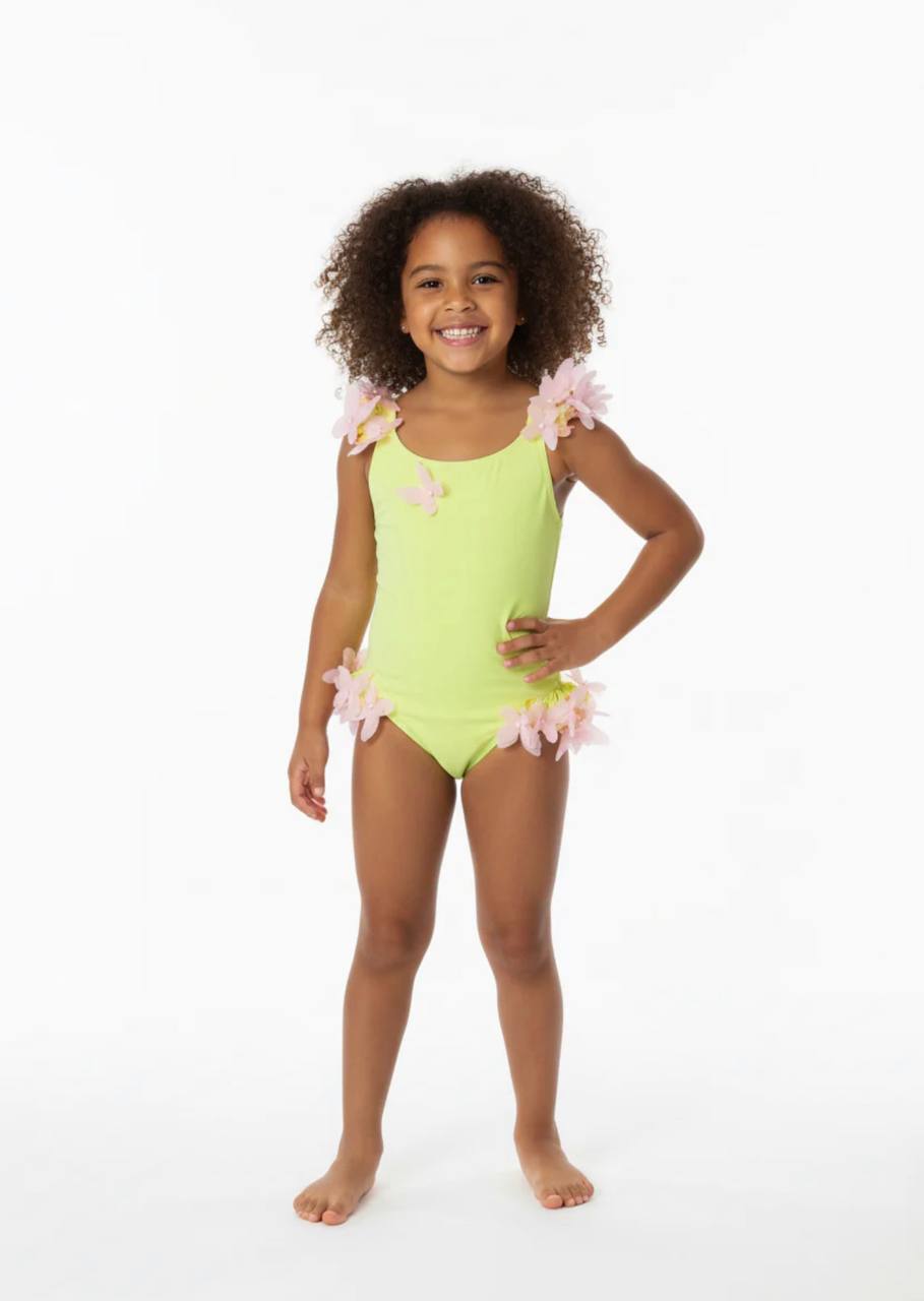 Lime Green 3D Floral Butterfly Swimwear