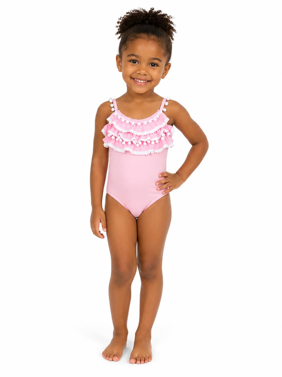 Pink Pom-Pom Ruffle One-Piece Swimsuit