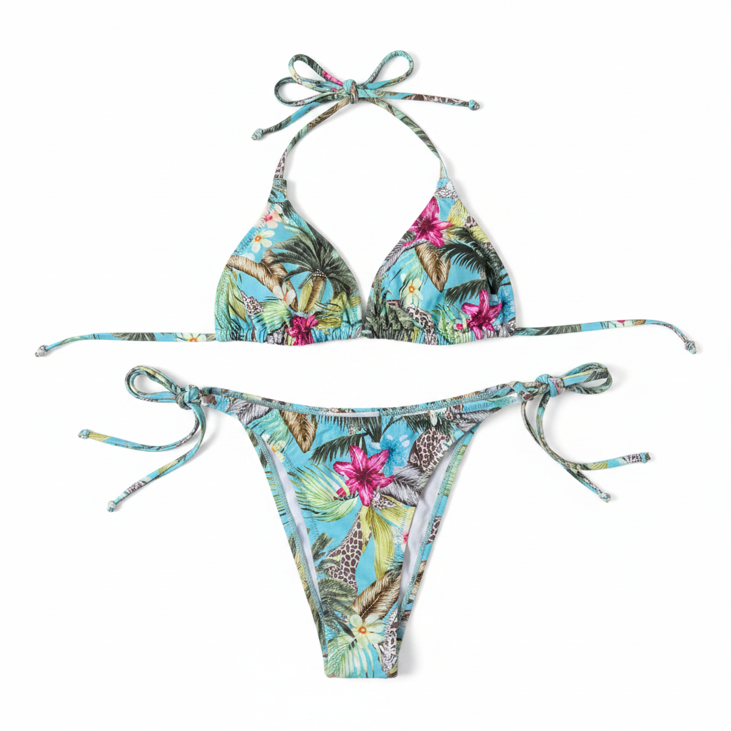 Turquoise Tropical Safari Bikini – Lookbook Flat Lay